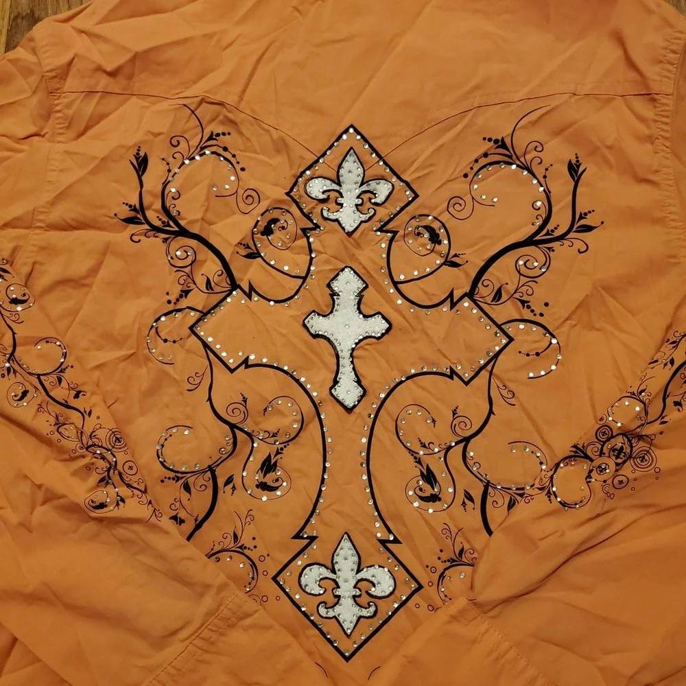 Vintage 90s El General Western‎ Shirt Men Medium Orange Cross Embellished